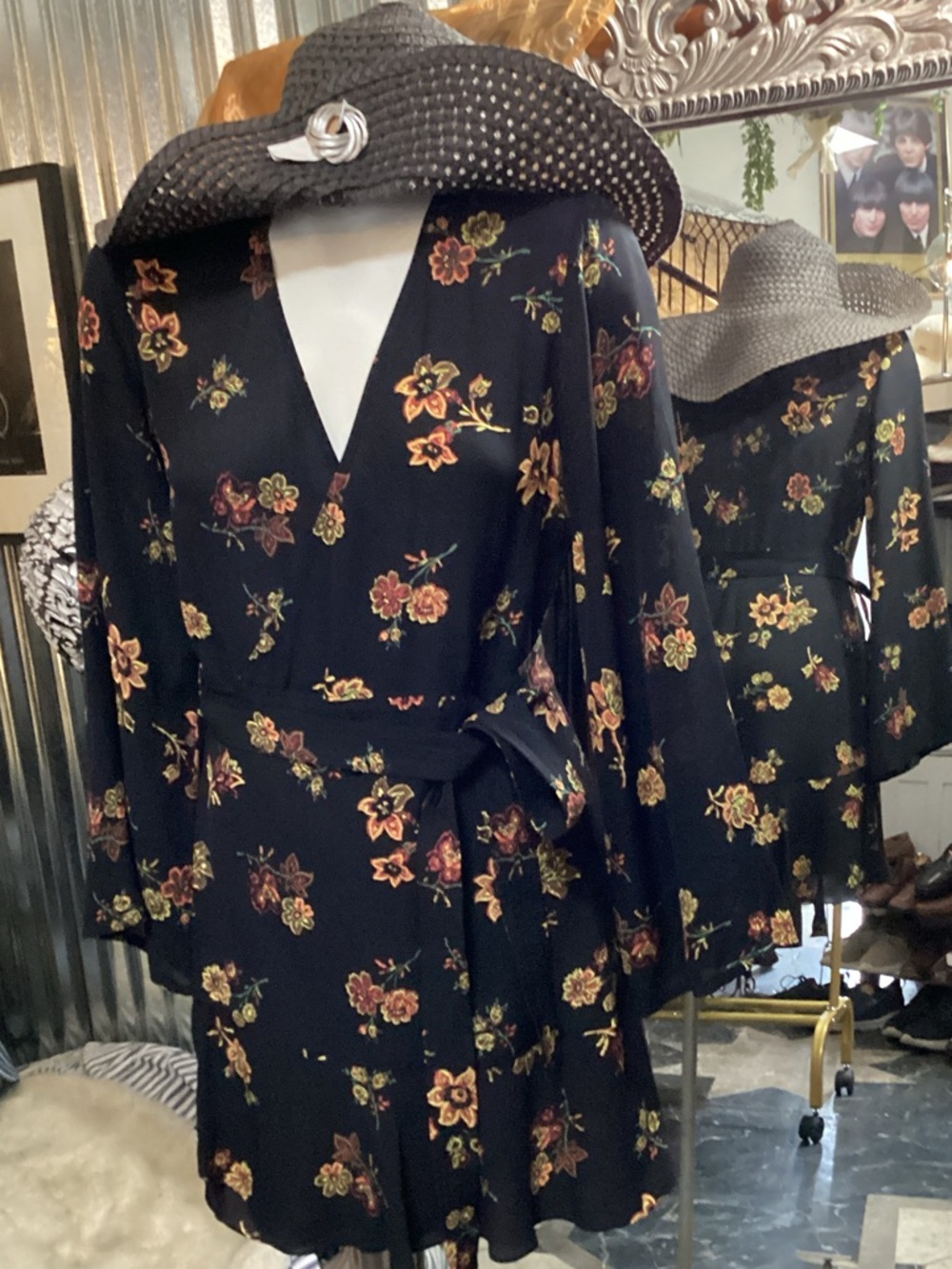 A.L.C. Black dress wrap.  with Red and Mustard Floral Accents bell sleeves